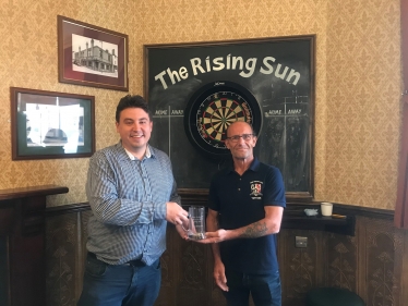 Shaun presenting Macca with May's Pub of the Month Tankard