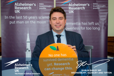 A photo of Shaun Bailey MP at the Alzheimer's Research UK event, watermarked.